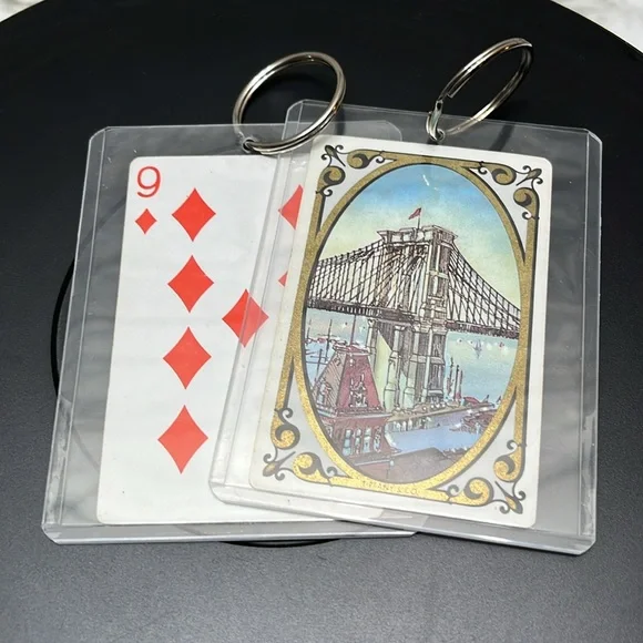 TIFFANY & CO.VINTAGE PLAYING CARD KEYCHAIN/ BAG CHARM.♦️SUIT BROOKLYN BRIDGE - Picture 7 of 8